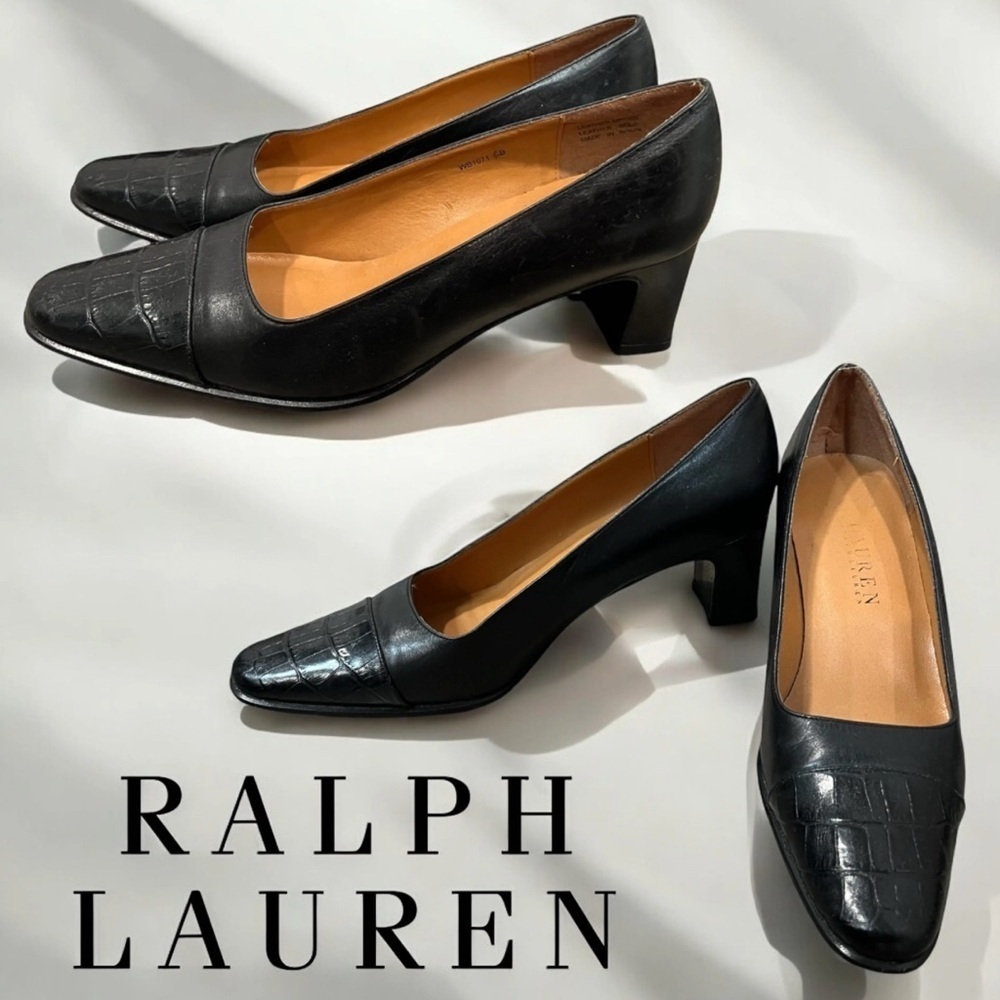 LAUREN RALPH LAUREN Black Leather Heels Pumps Shoes Croc Cap Toe Womens 7.5 AA